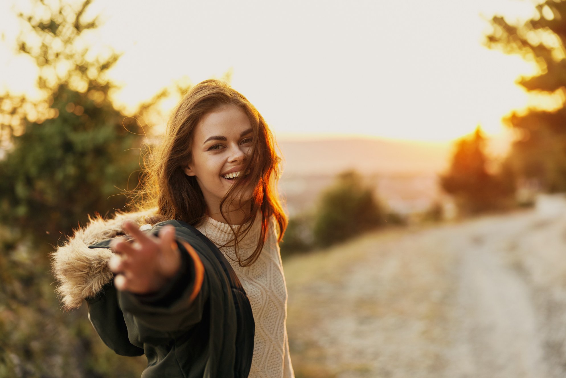 Cheerful Woman Nature Walk Vacation Sun Freedom